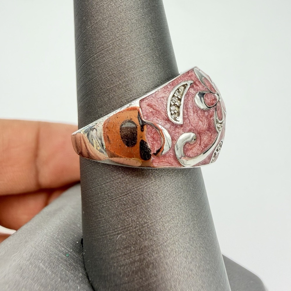 Vtg QVC Designer JWBR Sterling Silver Diamond Ring Floral Pink Enamel Sz7.25 - Picture 3 of 16